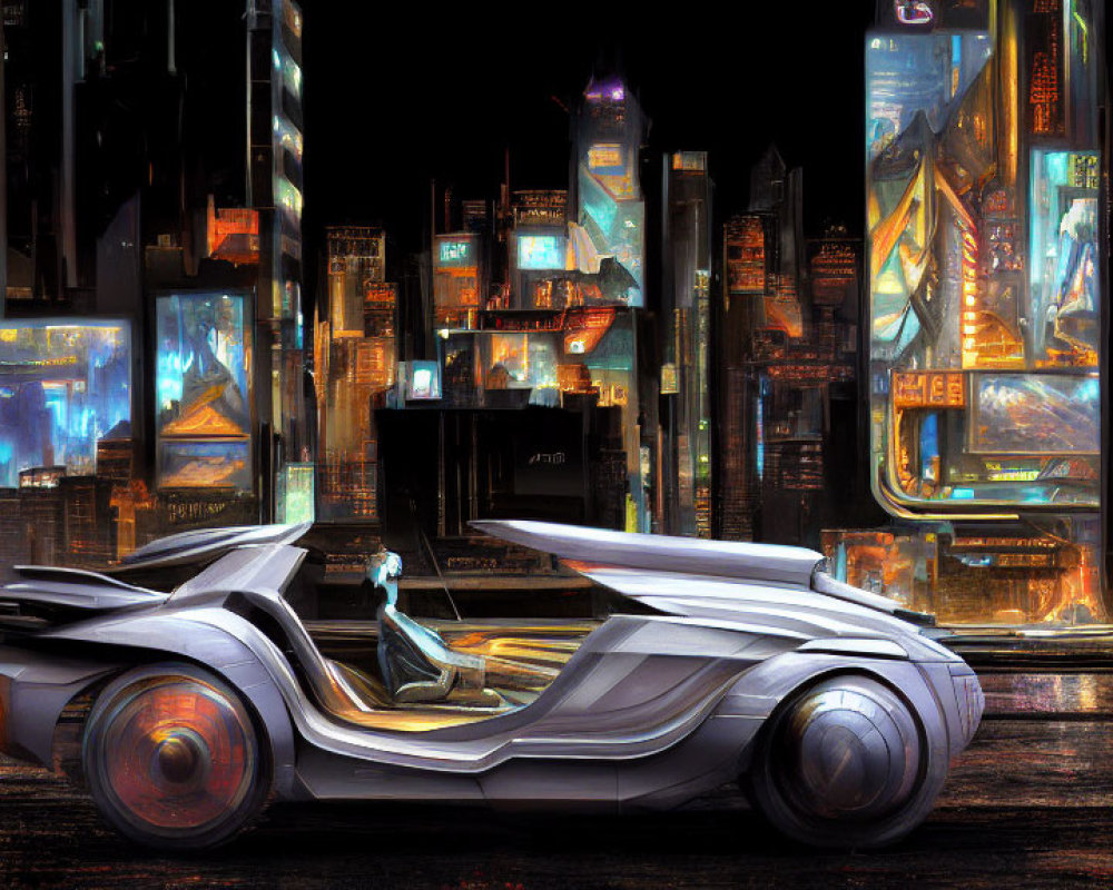 Futuristic night cityscape with neon signs, skyscrapers, and concept car.