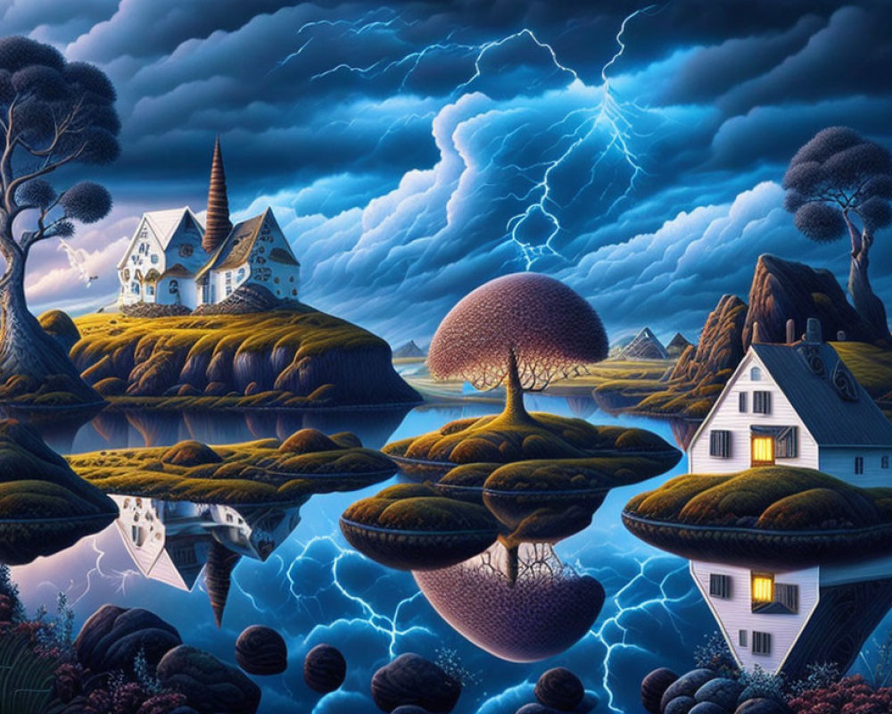 Whimsical fantasy landscape with houses on green islands during thunderstorm