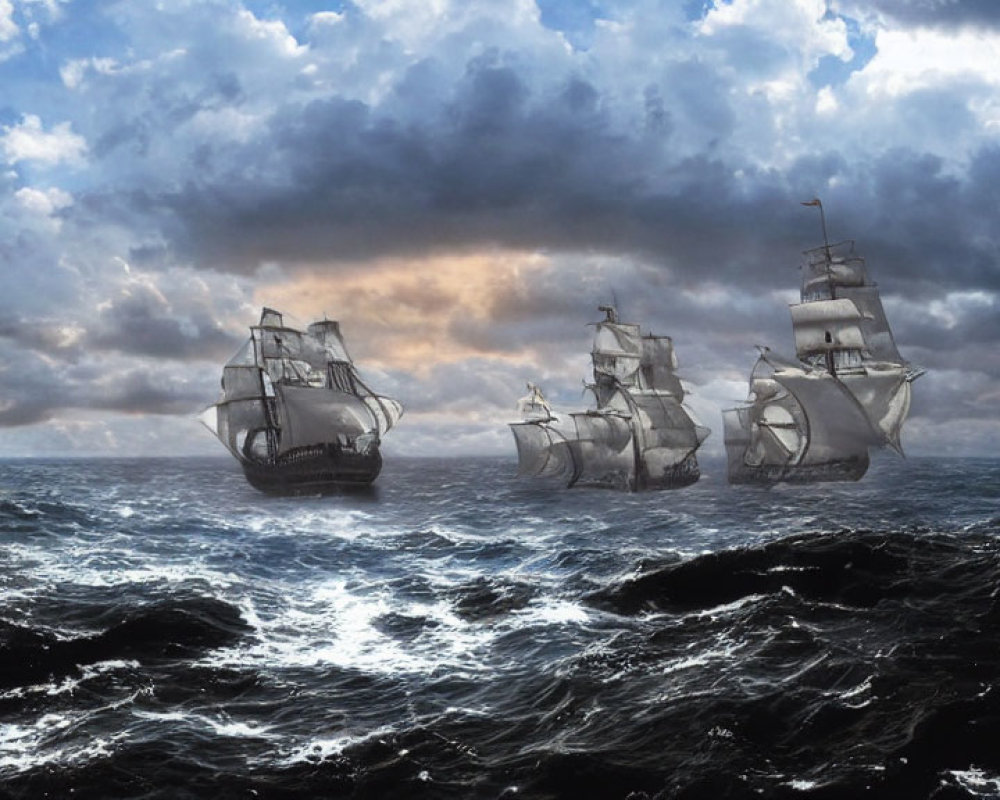 Three old sailing ships in rough seas under cloudy sky