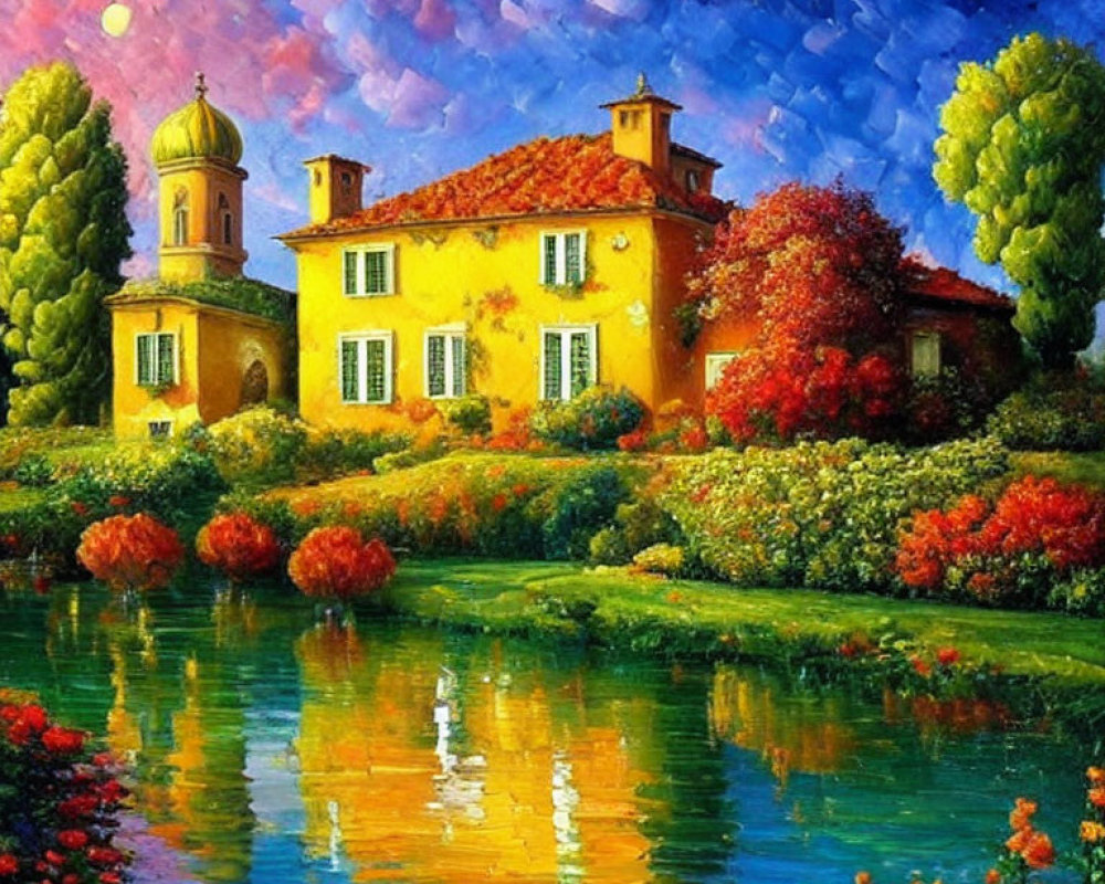 Colorful painting of house with yellow facade, gardens, and water reflection