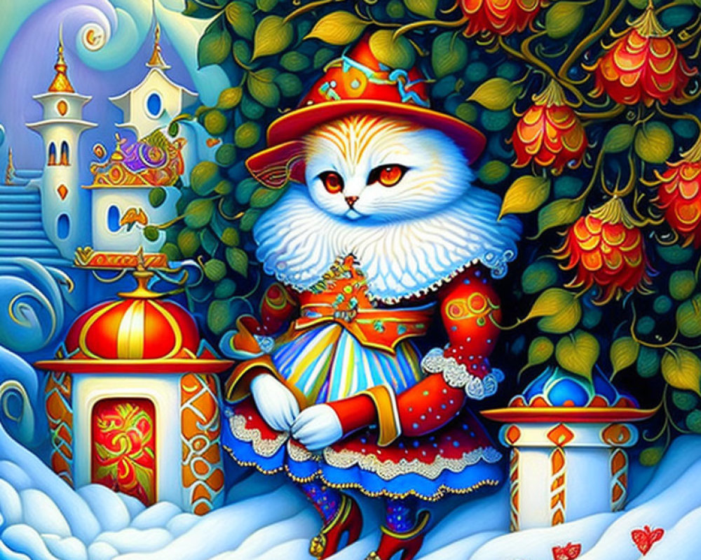 Anthropomorphic cat in ornate outfit before castle landscape