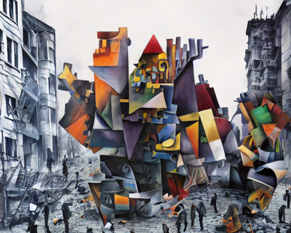 Vibrant surrealistic painting: bustling street scene with abstract geometric structure.