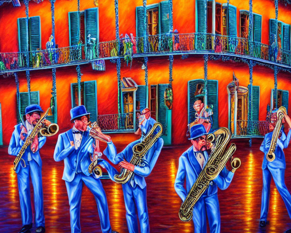 Colorful painting of jazz musicians playing trombones and saxophone on vibrant street scene