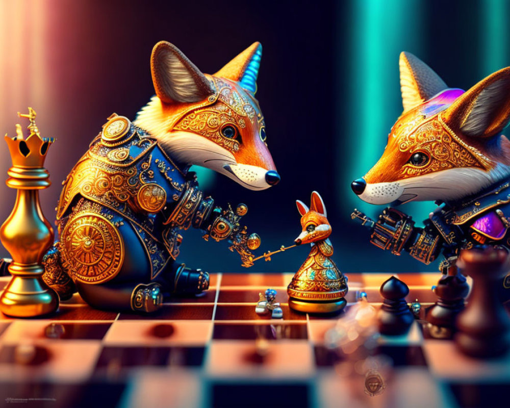 Ornate anthropomorphic fox chess game with steampunk elements