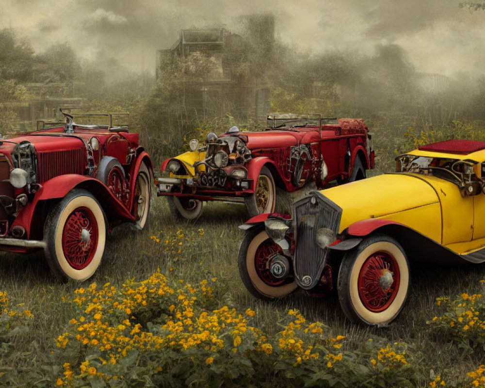 Vintage Cars in Yellow Flower Field with Old Mansion and Fog