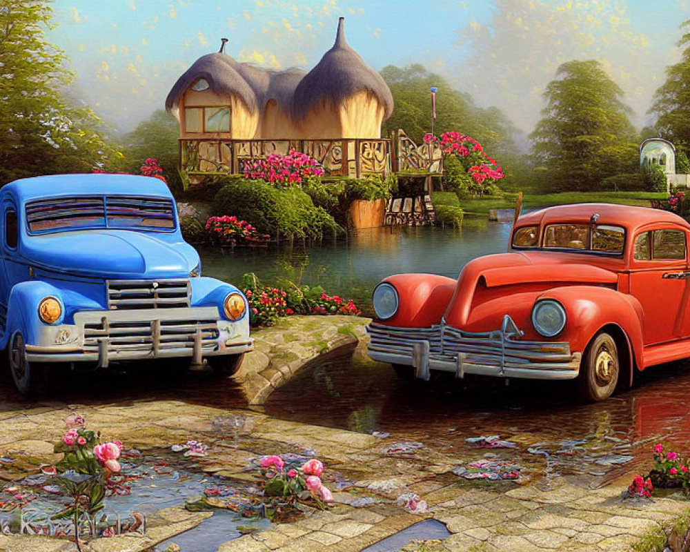 Vintage Cars Painting: Blue and Red by Cobblestone Bridge and Thatched Roof Cottage