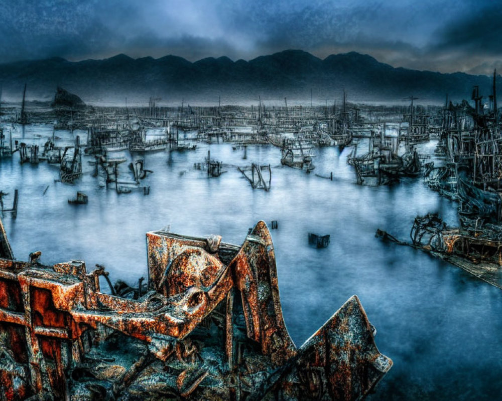 Derelict shipyard with decaying boats and misty mountains in blue tones