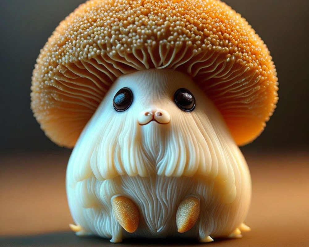Stylized illustration of fluffy white dog and orange mushroom creature