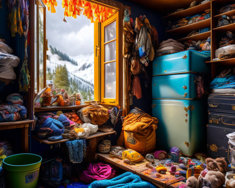 Colorful Clothing and Teal Chest of Drawers in Cozy Room