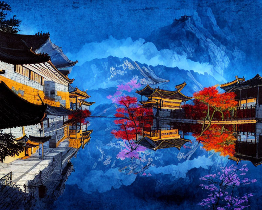 Asian-style Buildings Illuminated by Autumn Trees and Mountains