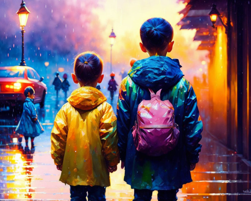 Children with colorful backpacks in rainy city street scene