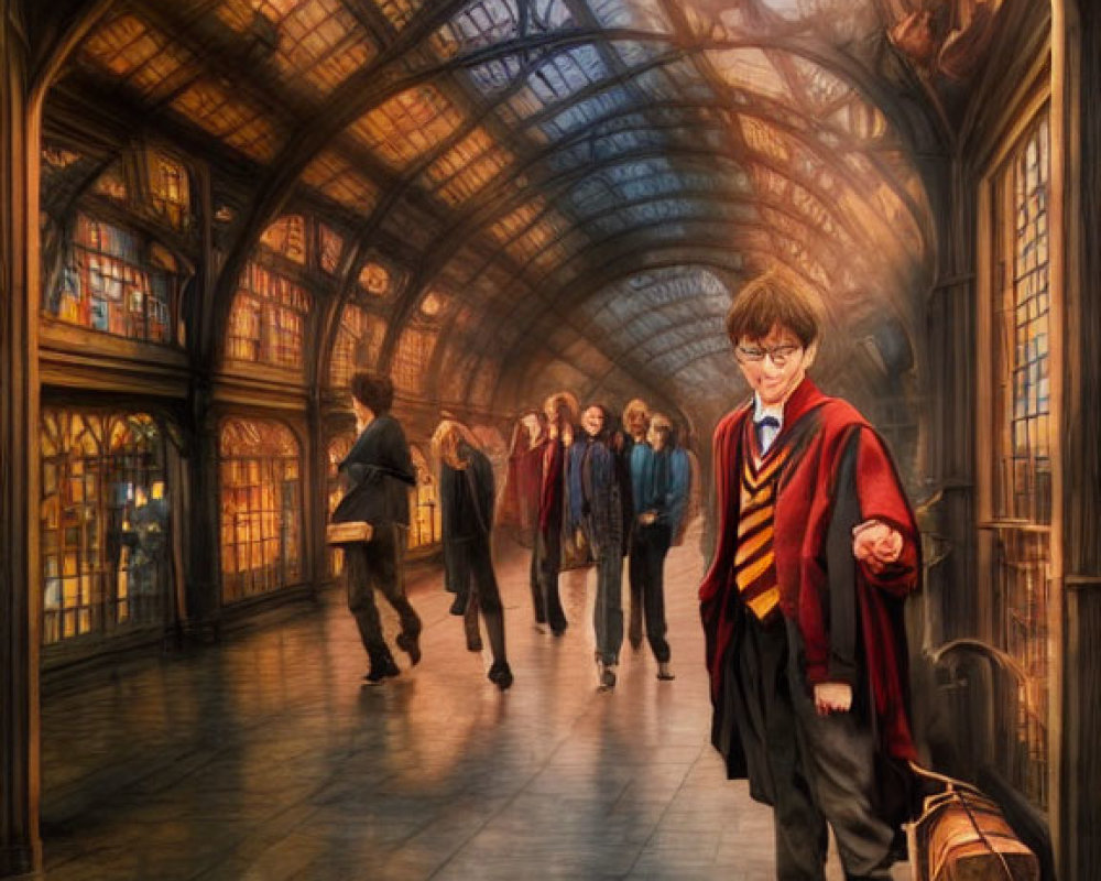 Young wizard in magical train station with wand and travelers