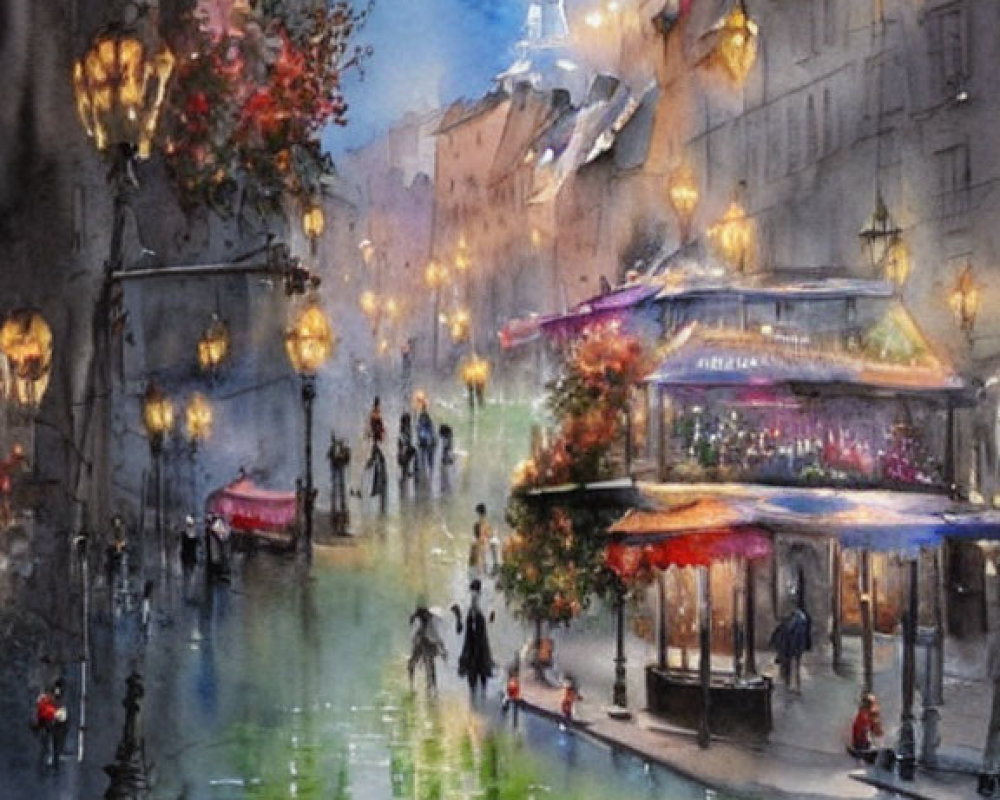 Rainy Parisian street at twilight with Eiffel Tower, charming buildings, horse-drawn carriage