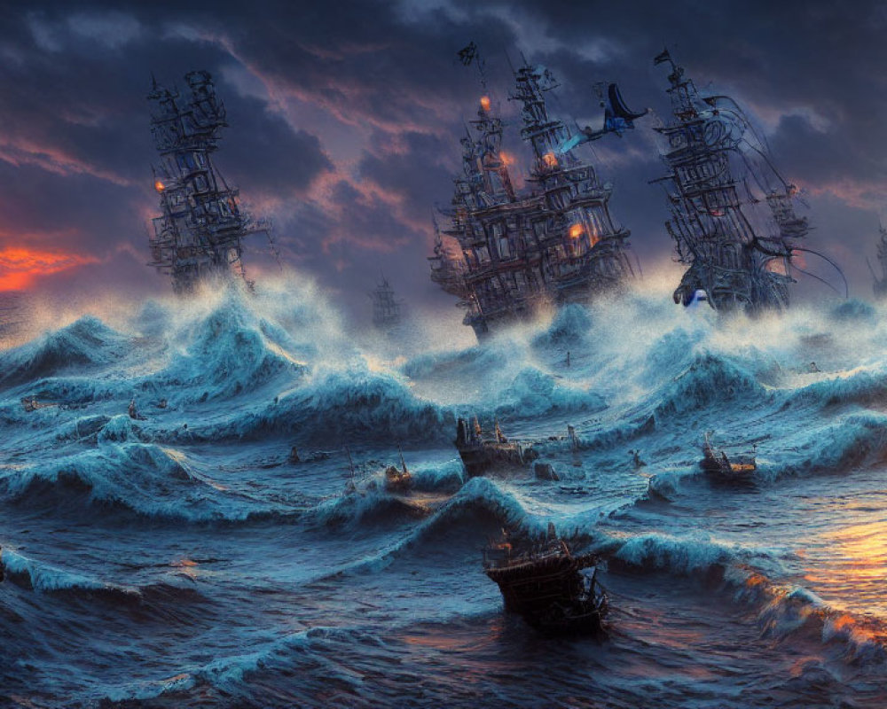 Tall ships sailing turbulent seas at dramatic sunset