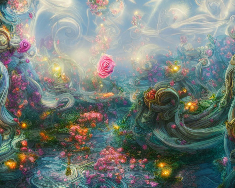 Fantastical garden with swirling patterns and luminous flowers