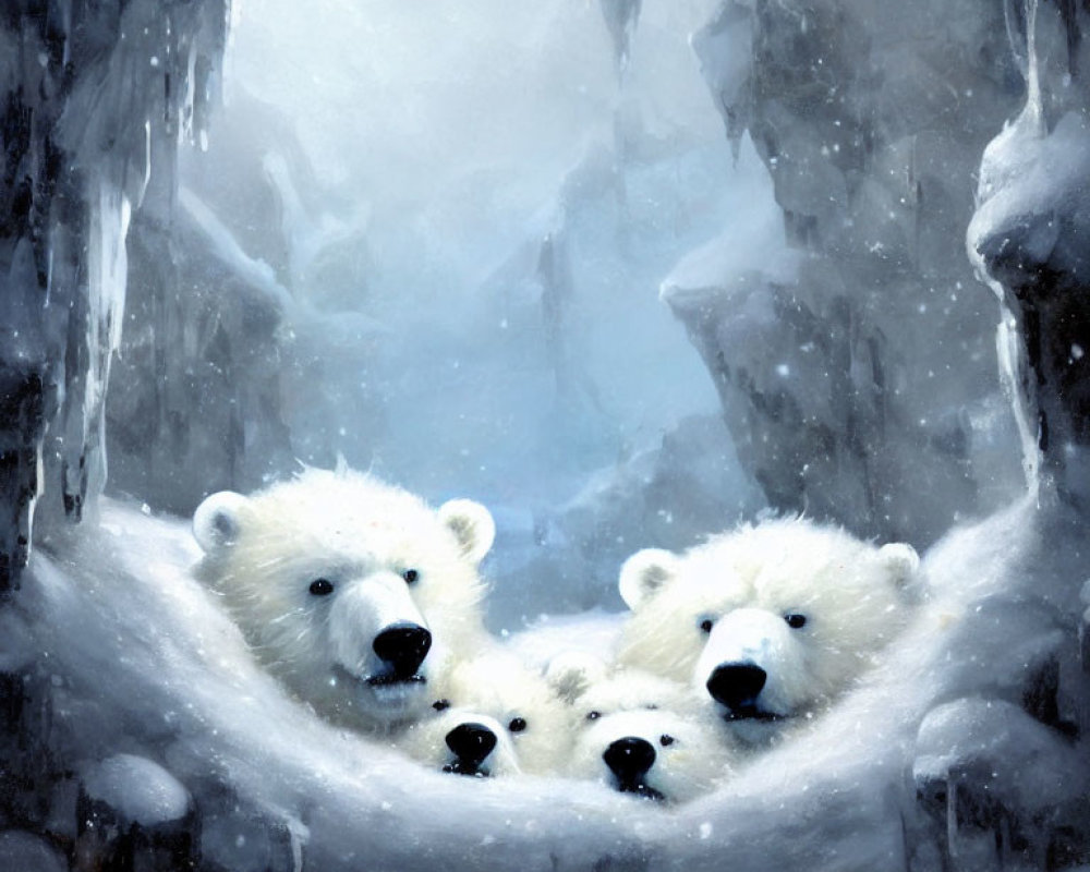 Four Polar Bears in Snowy Enclave with Icicles and Glacial Walls