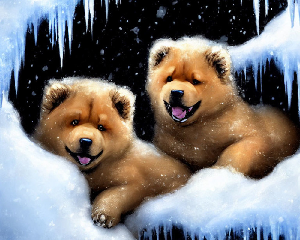 Brown Bear Cubs Lying in Snow with Icicles Background