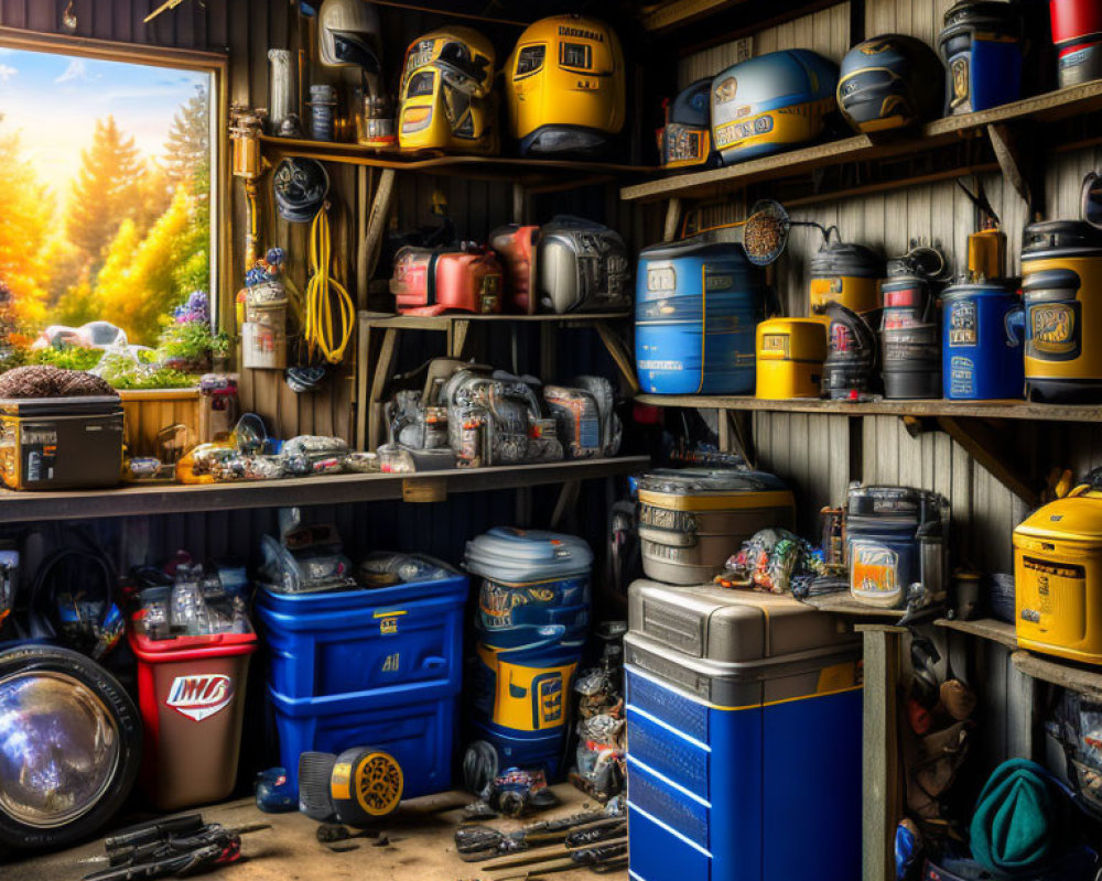 Cluttered Garage with Tools, Containers, and Landscape View