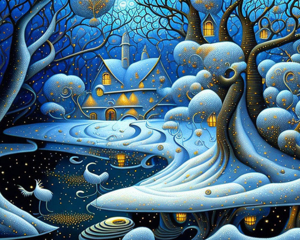 Starry Night Scene with Blue Trees, Cozy House, Lanterns, and Whimsical Creature