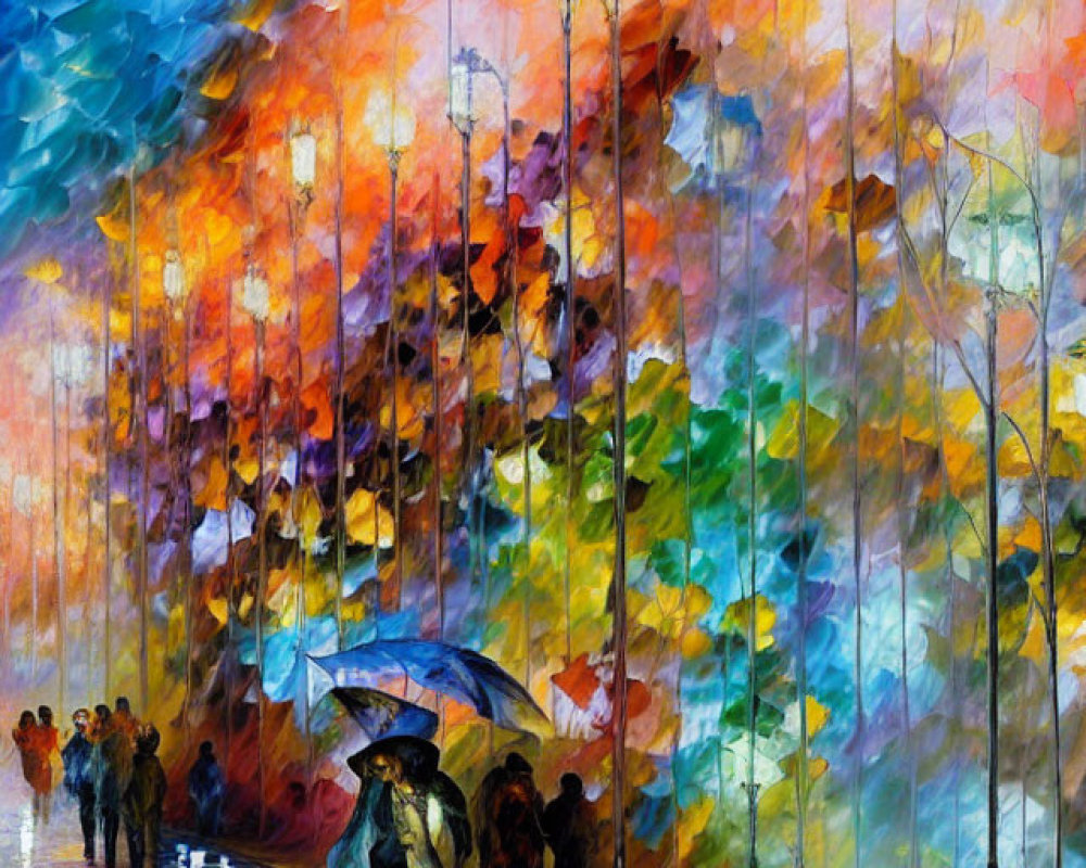Vivid Impressionist Painting: People with Umbrellas on Wet Street