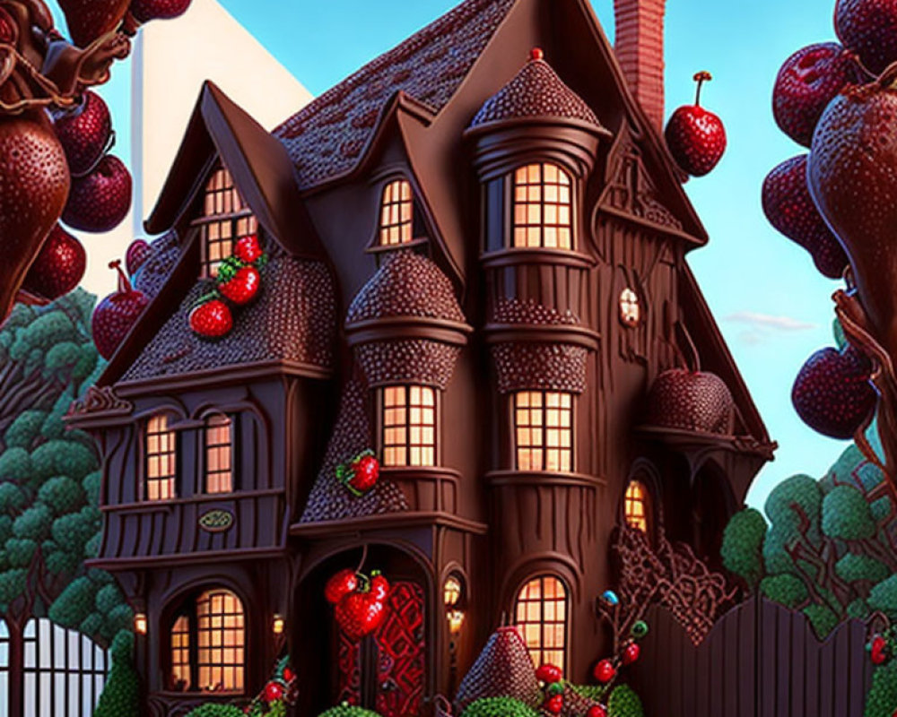 Chocolate house with candy accents in cherry-topped tree setting at twilight