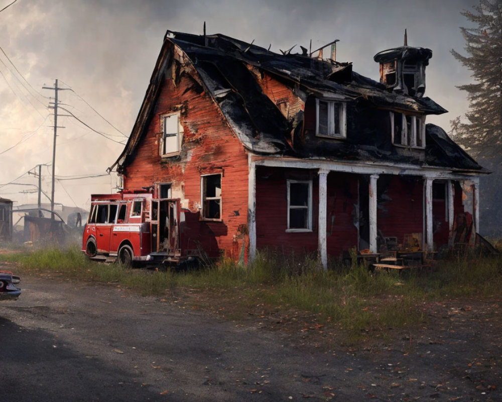Damaged red firetruck next to fire-damaged house in hazy setting