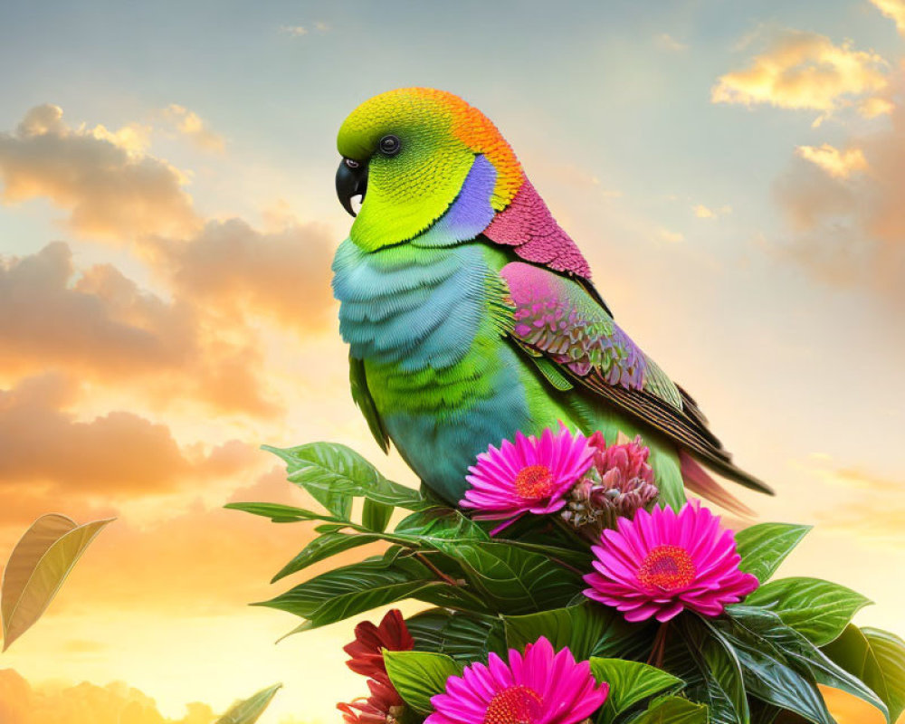 Colorful Parrot on Green Foliage with Pink Flowers at Sunset