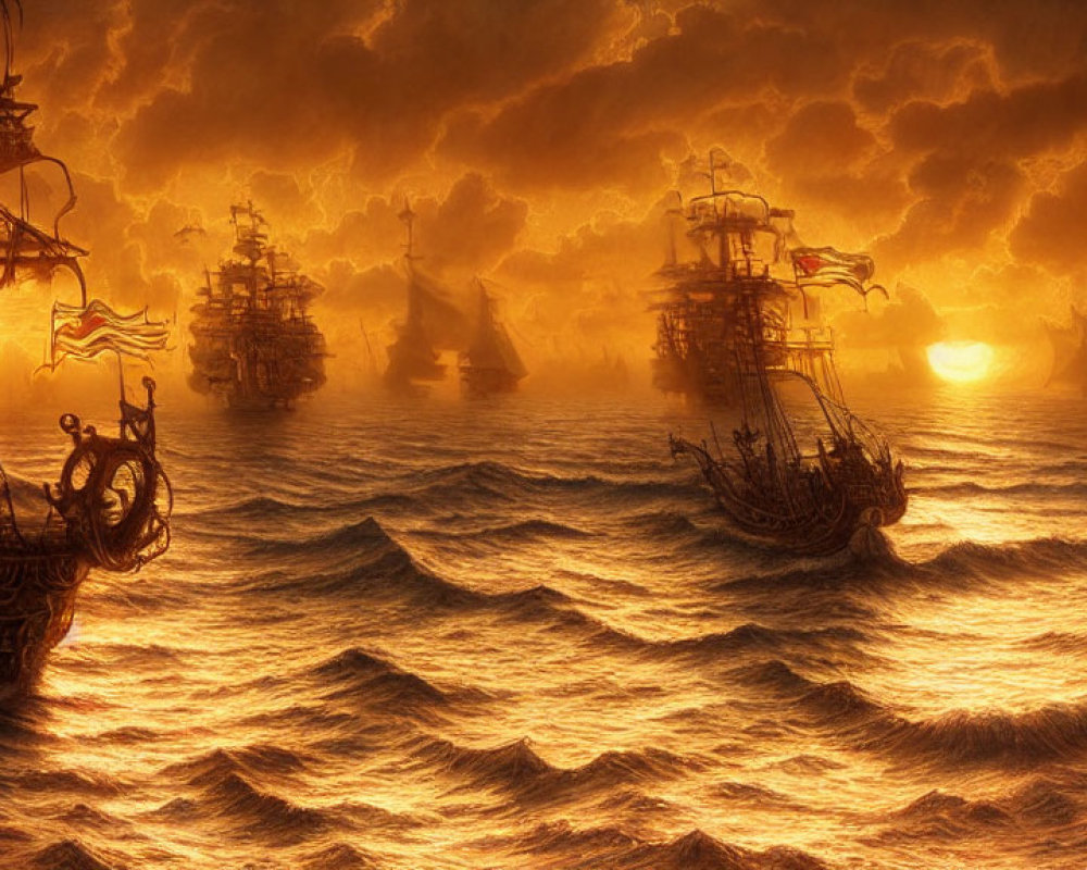 Tall ships sail golden seas under dramatic amber sky