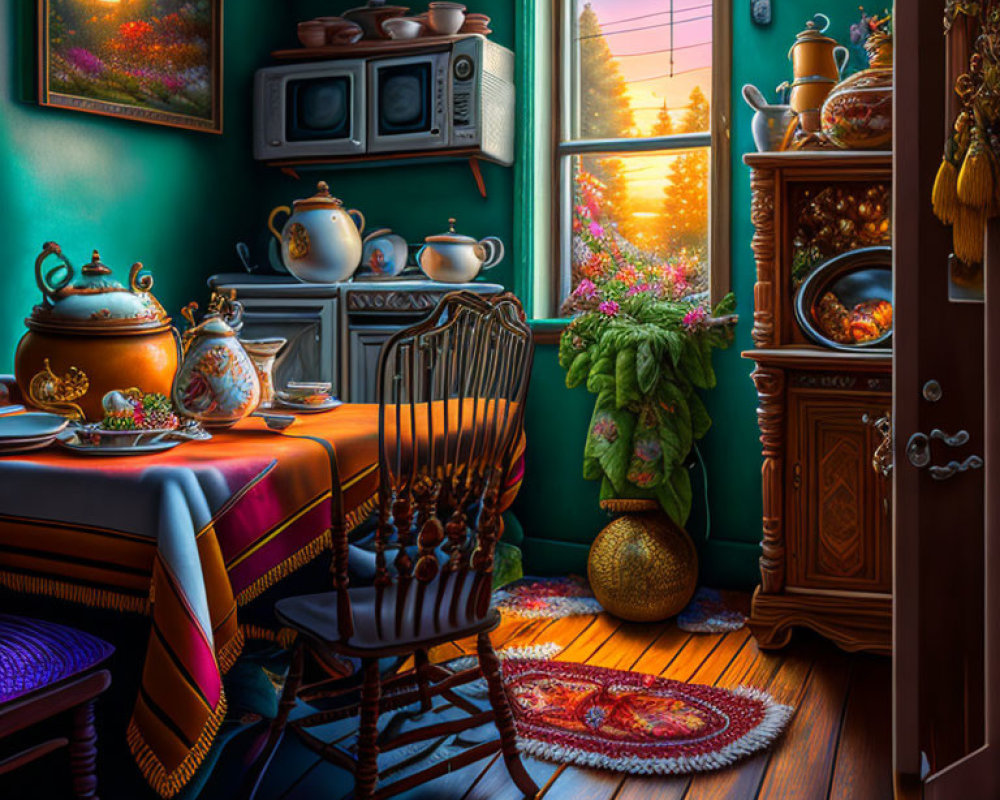 Vintage Kitchen Sunset Scene with Wooden Chair, Tea Set, Pottery, Warm Lighting, and Water View