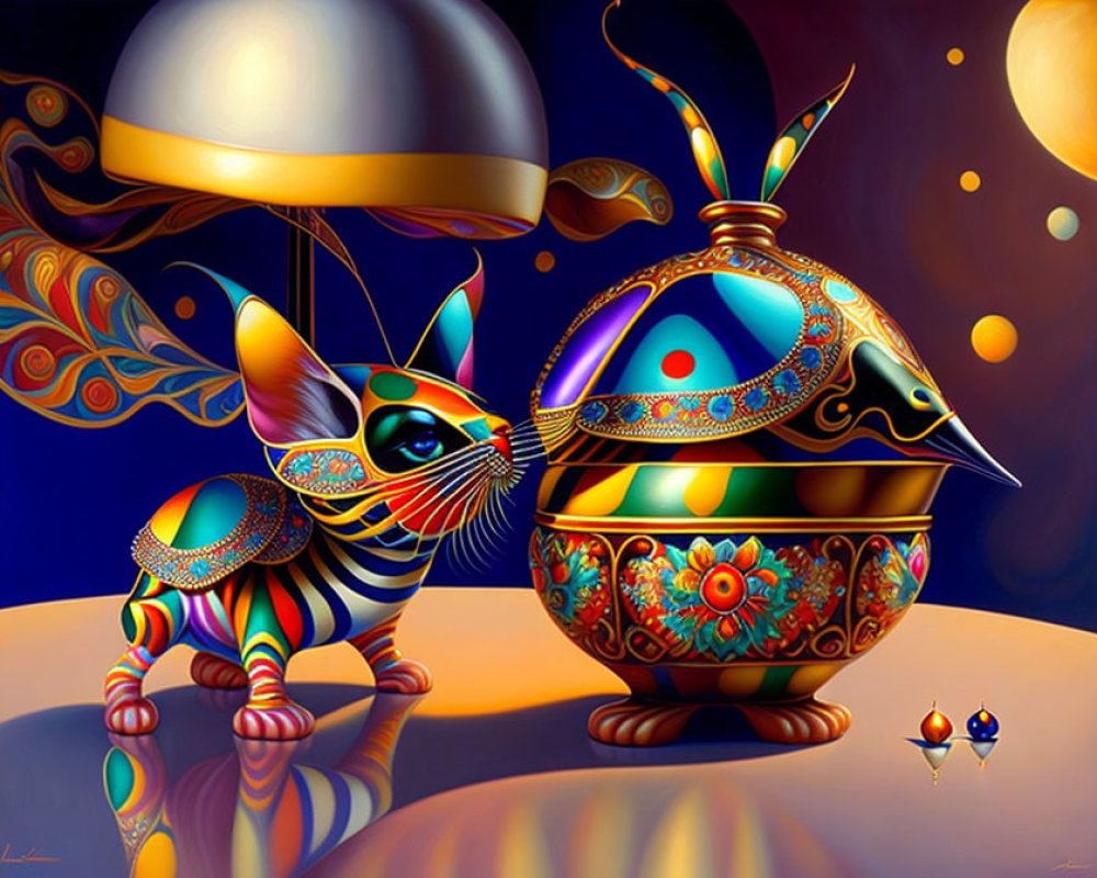 Vibrant painting of patterned cat and spherical vessel in surreal setting