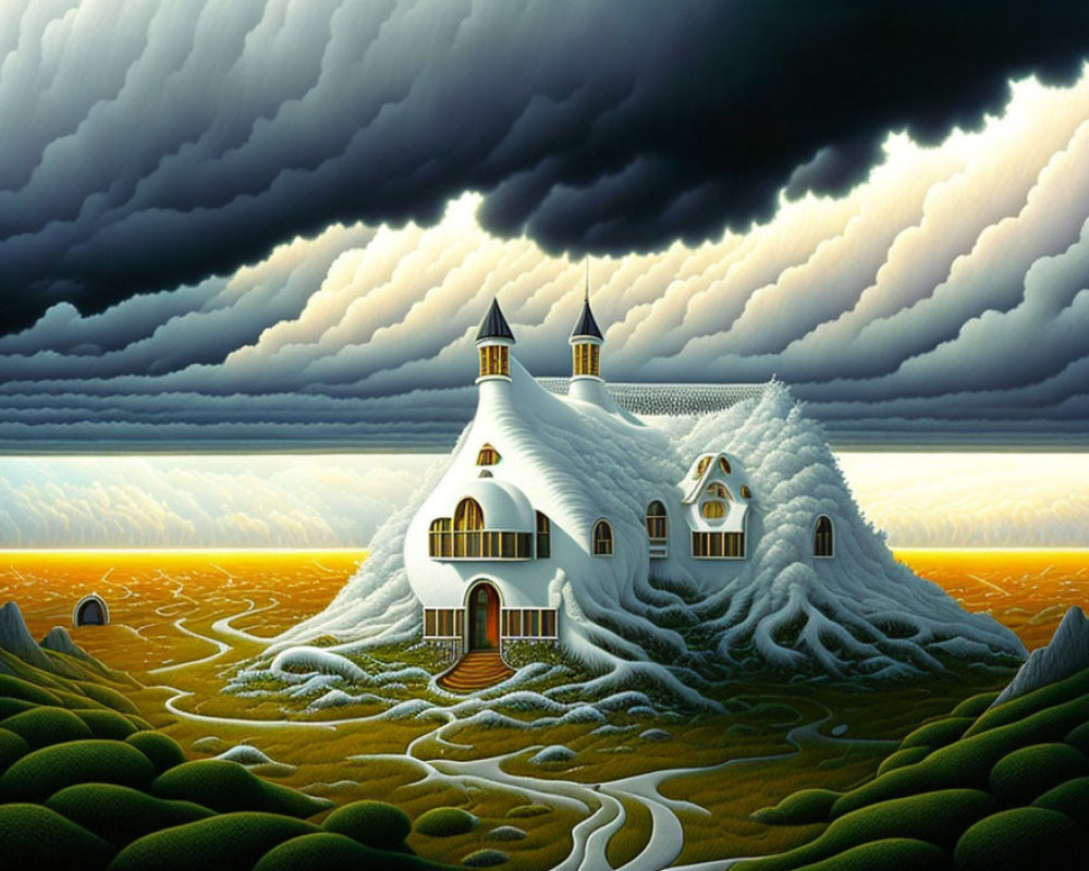 Surreal landscape with white house, green hills, and dramatic sky
