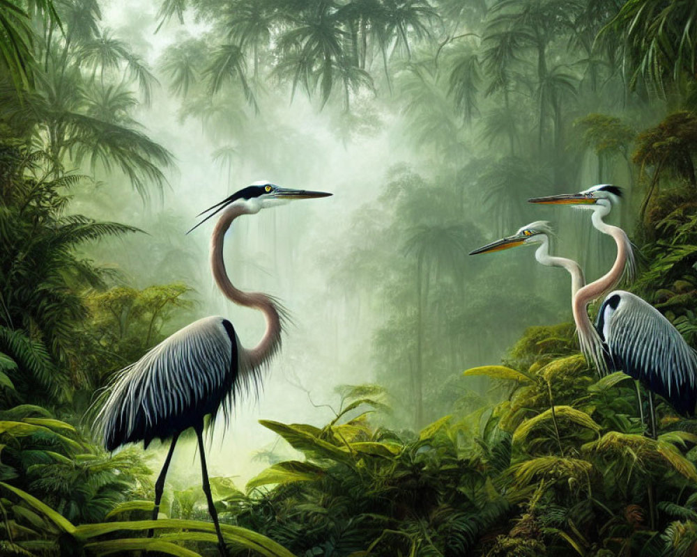 Three Herons in Lush Greenery of Misty Tropical Jungle