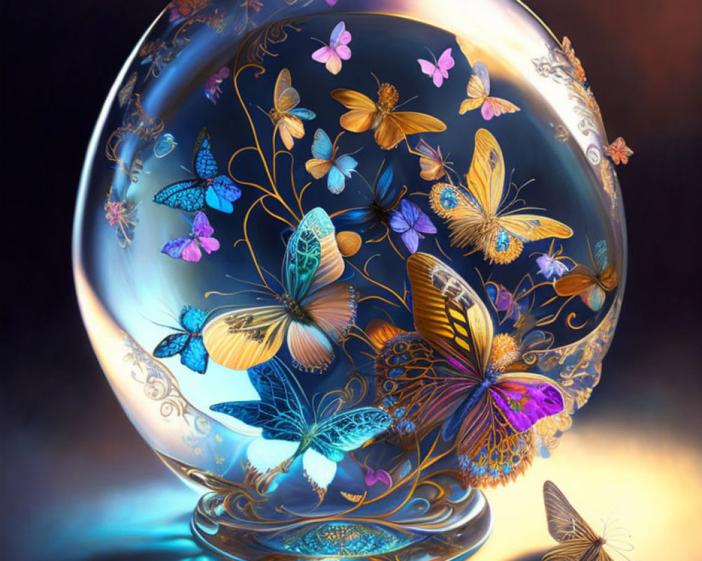 Colorful Butterflies in Luminous Glass Sphere with Gold Designs
