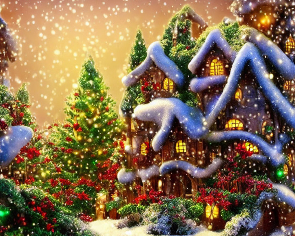 Winter scene with falling snow, Christmas trees, lit house, colorful lights, and fresh snow.