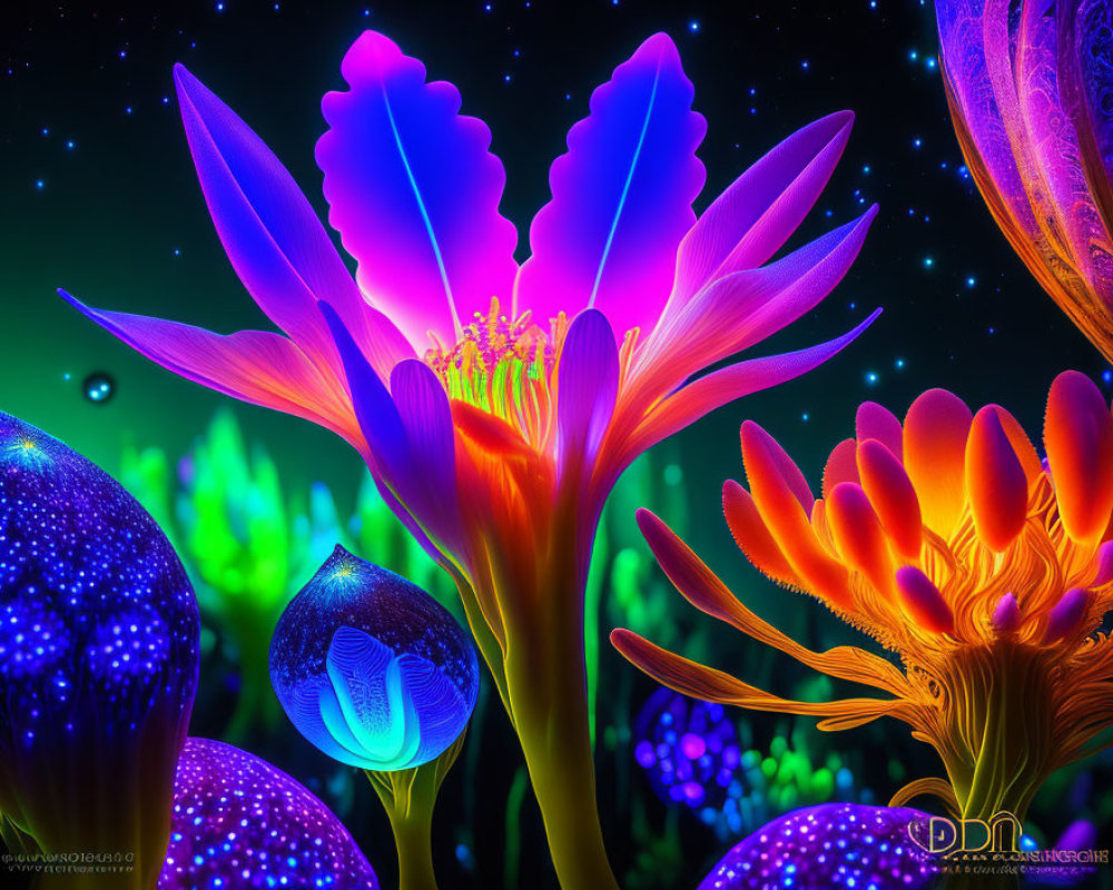 Colorful digital artwork of glowing fantasy plants on starry night sky