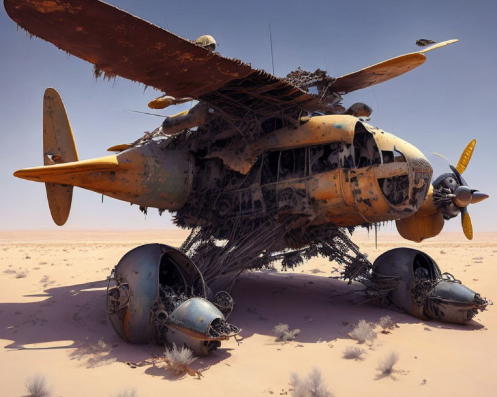 Abandoned twin-prop airplane in desert sands