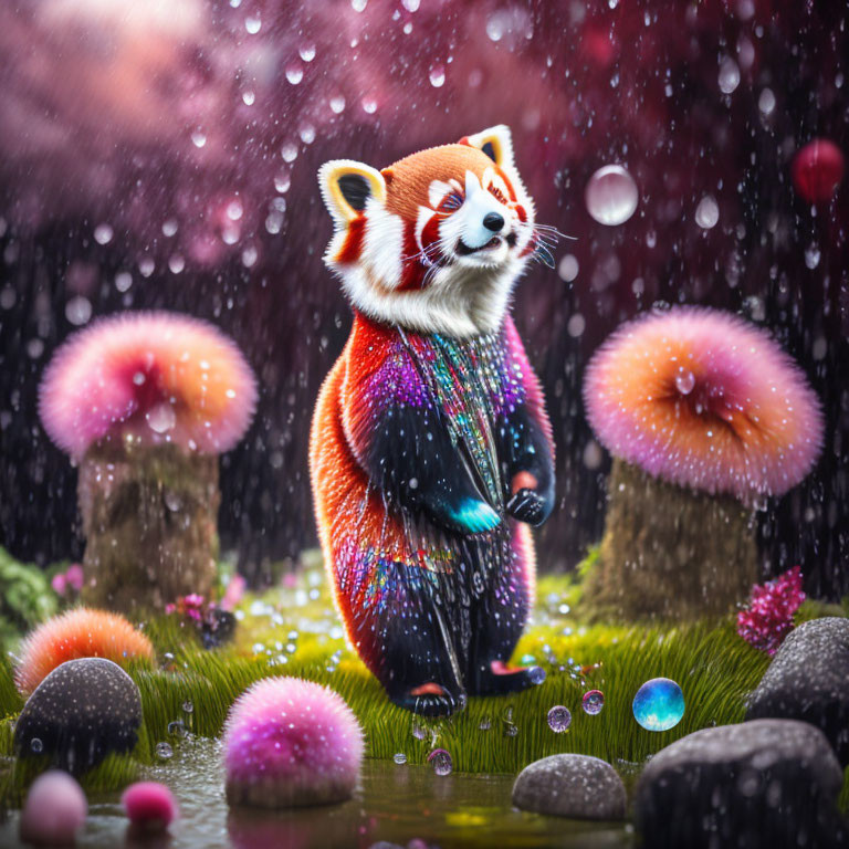 Colorful red panda in mystical rainy landscape with mushrooms and bubbles