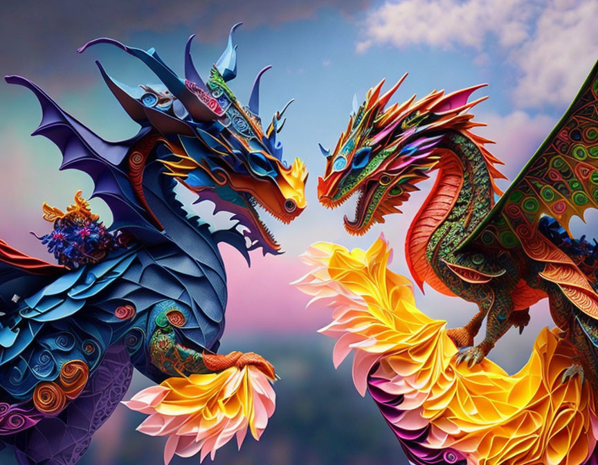 Vibrant colorful dragons with intricate designs on pastel sky background