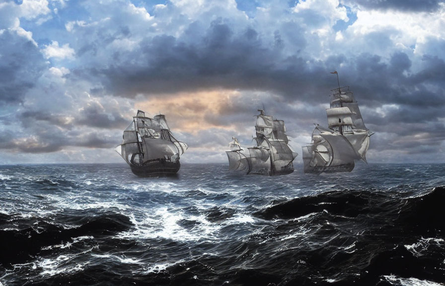 Three old sailing ships in rough seas under cloudy sky