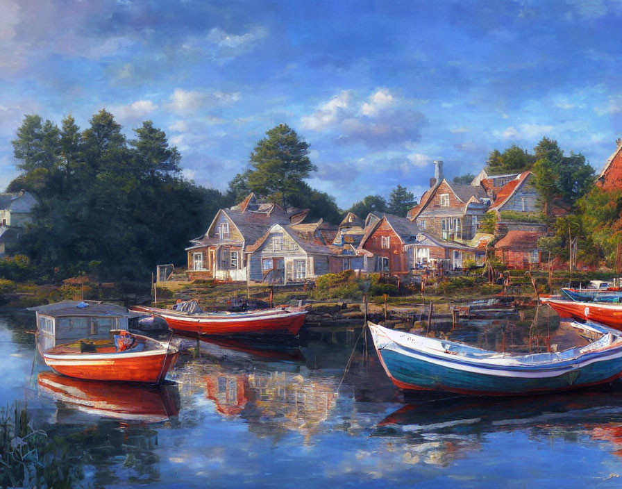 Tranquil painting of village by water with boats on calm river