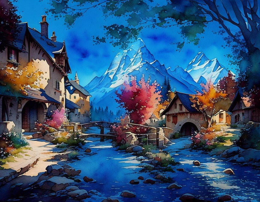 Scenic watercolor painting of village with snow-capped mountains