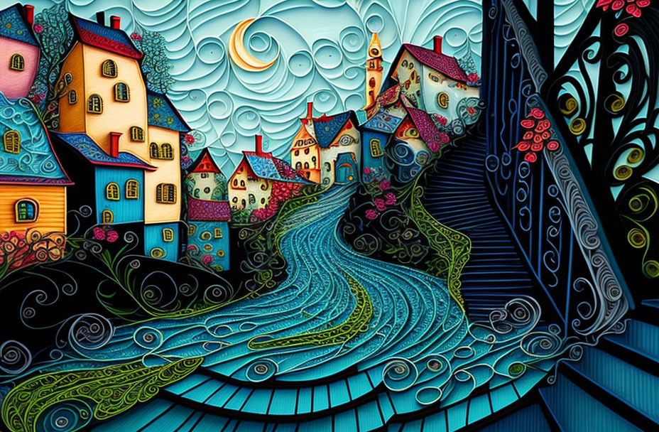 Colorful Stylized Village Artwork with Swirling Sky