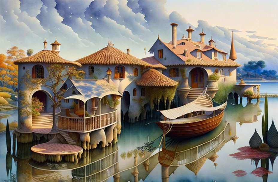 Whimsical village on water with round-roofed houses and wooden boat
