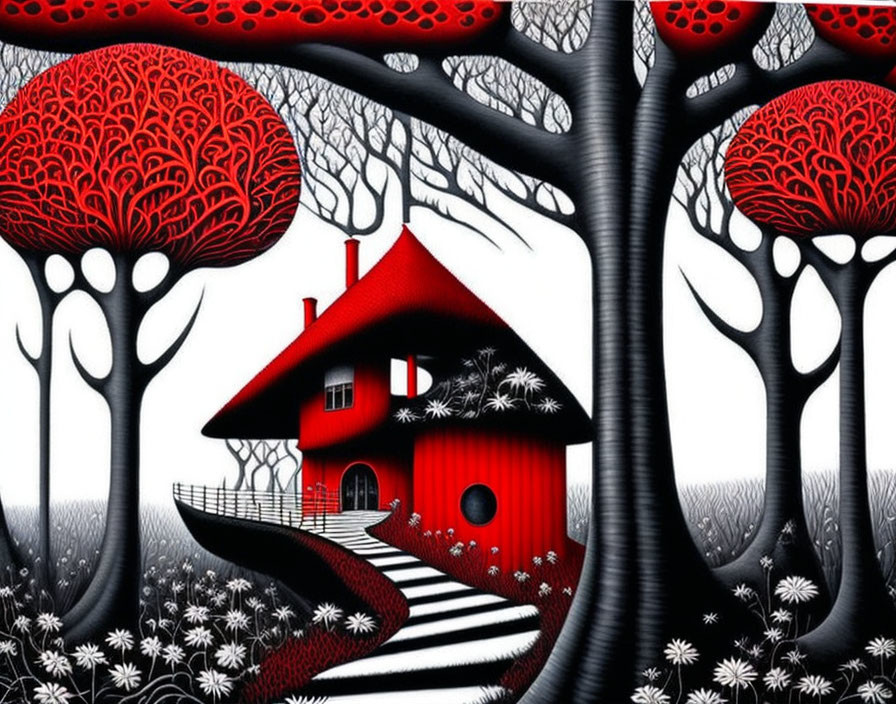 Vivid red house with matching roof in black and white tree landscape