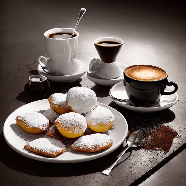 Three Coffee Cups, Spoon, Powdered Pastries, Coffee Beans on Table