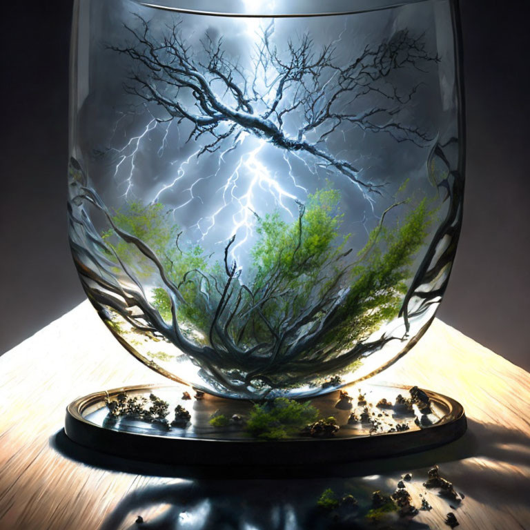 Glass sculpture of tree with lightning backdrop