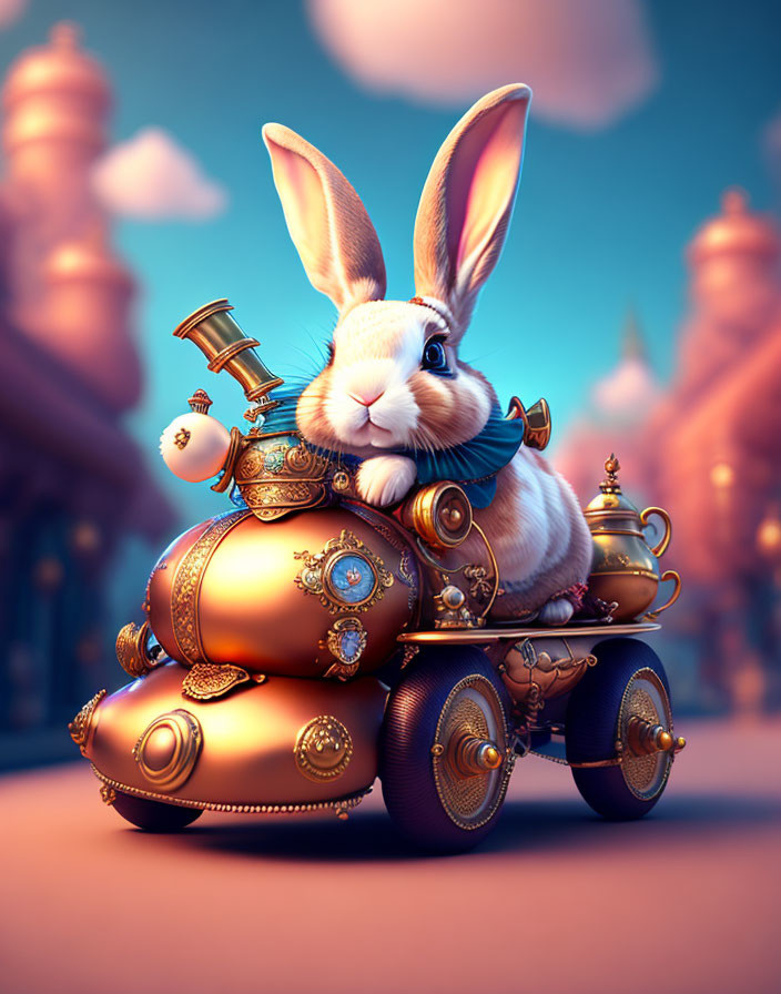 Whimsical 3D rabbit on steampunk vehicle in fantasy scene