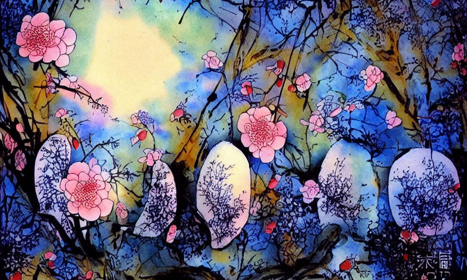 Colorful Watercolor Painting of Pink Blossoms on Dark Branches in Whimsical Setting