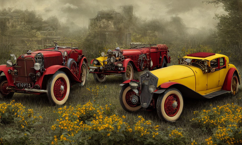 Vintage Cars in Yellow Flower Field with Old Mansion and Fog