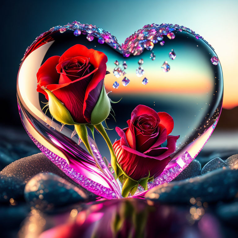 Heart-shaped crystal with red roses and ribbon against sunset backdrop with water droplets